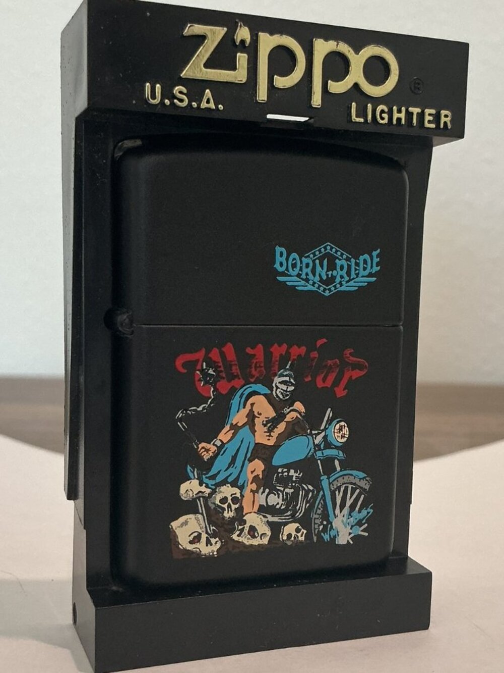 VINTAGE 90s ZIPPO BORN TO RIDE WARRIOR MOTORCYCLE MATTE LIGHTER UNFIRED (NOS)